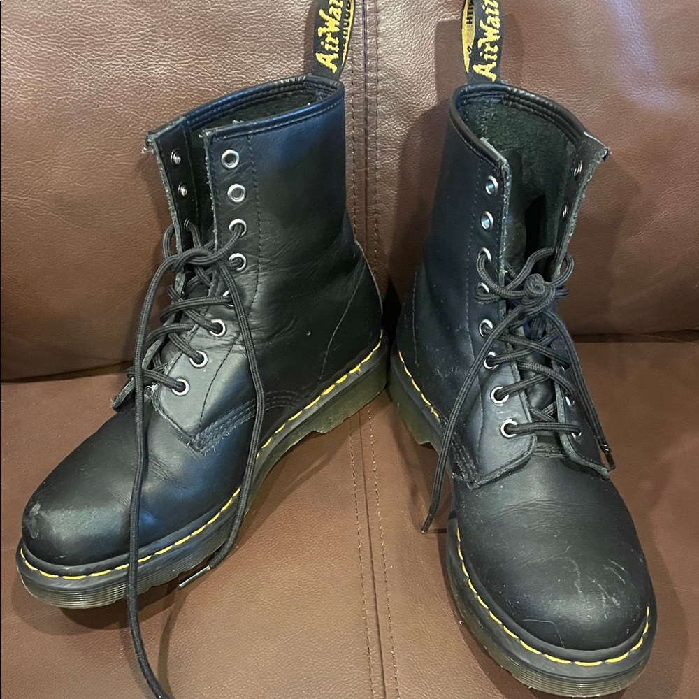 Dr. Martens Black Leather Lace-Up Boots with Yellow Stitching